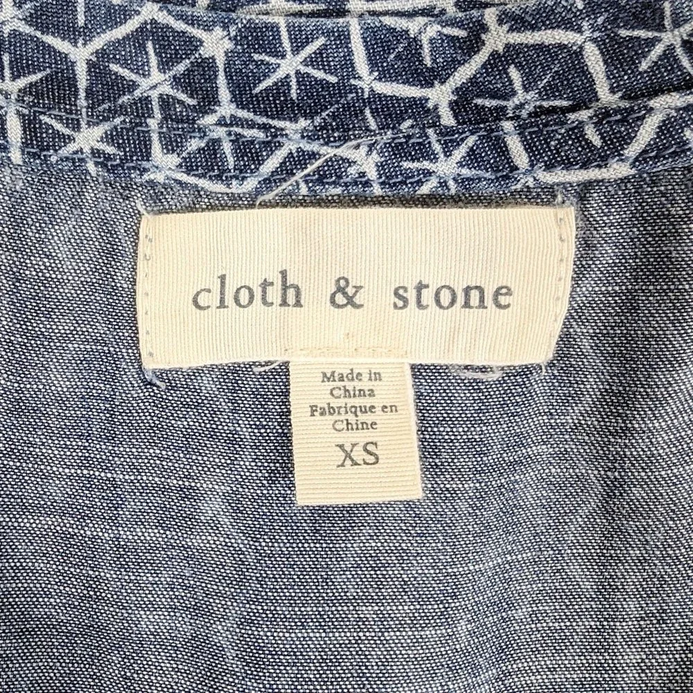 Anthropologie‎ Cloth & Stone Justine XS Blue Chambray Shift Dress Boho Geo Print